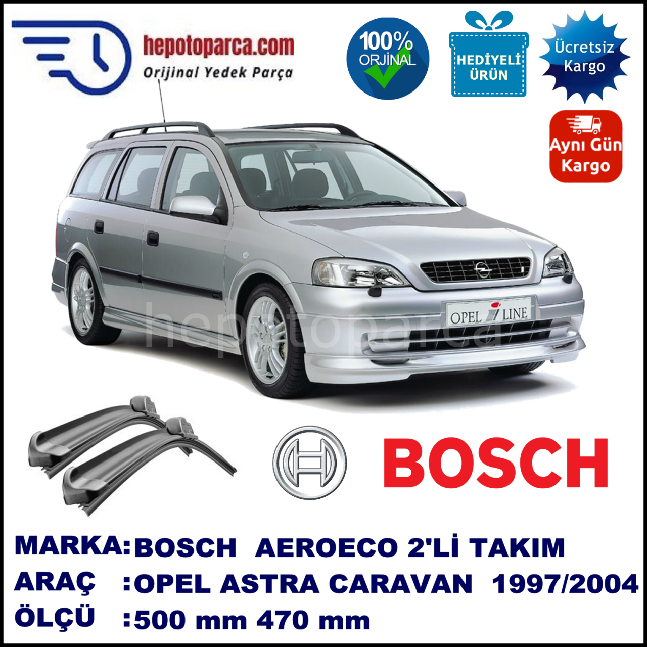 OPEL Astra Caravan [G] 09.1997-06.2004, 500 / 470 mm. BOSCH AEROECO Aparatlı Muz Silecek