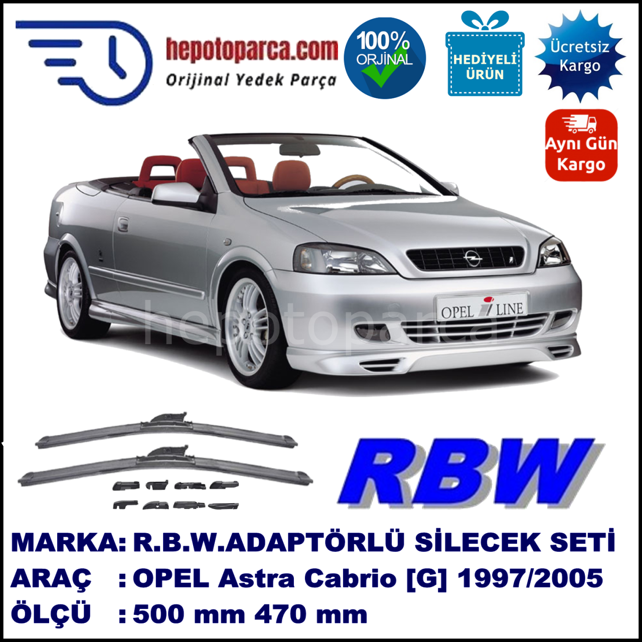 OPEL Astra Cabrio [G] 09.1997-08.2005, 500 / 470 mm.  RBW  ADAPTÖRLÜ MUZ SİLECEK SETİ