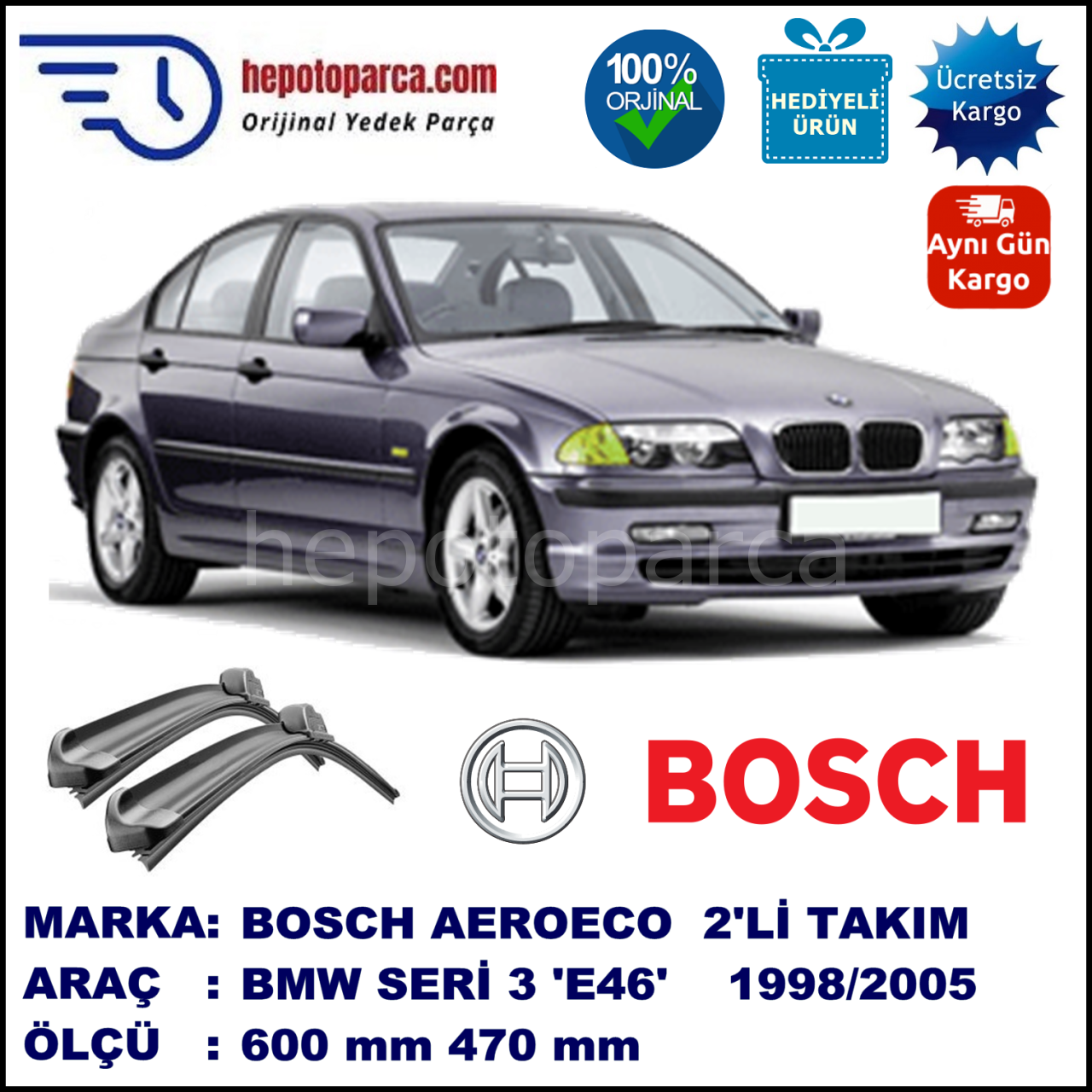 BMW Serie 3 [E 46] 04.1998-03.2005, 600 / 470 mm. BOSCH AEROECO Aparatlı Muz Silecek