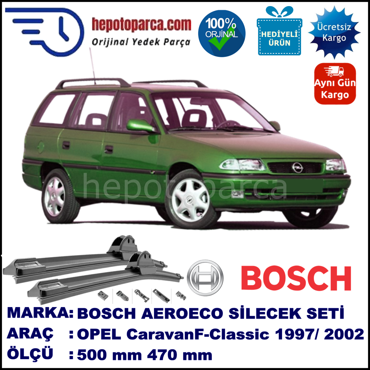 OPEL Astra Classic Caravan [F-Classic] 09.1997-08.2002, 500 / 470 mm. BOSCH AEROECO Aparatlı Muz Silecek