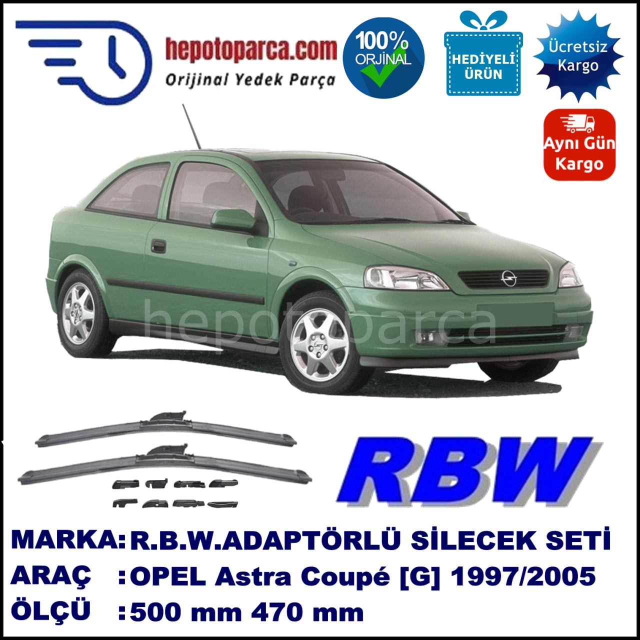 OPEL Astra Coupé [G] 09.1997-02.2005, 500 / 470 mm.  RBW  ADAPTÖRLÜ MUZ SİLECEK SETİ