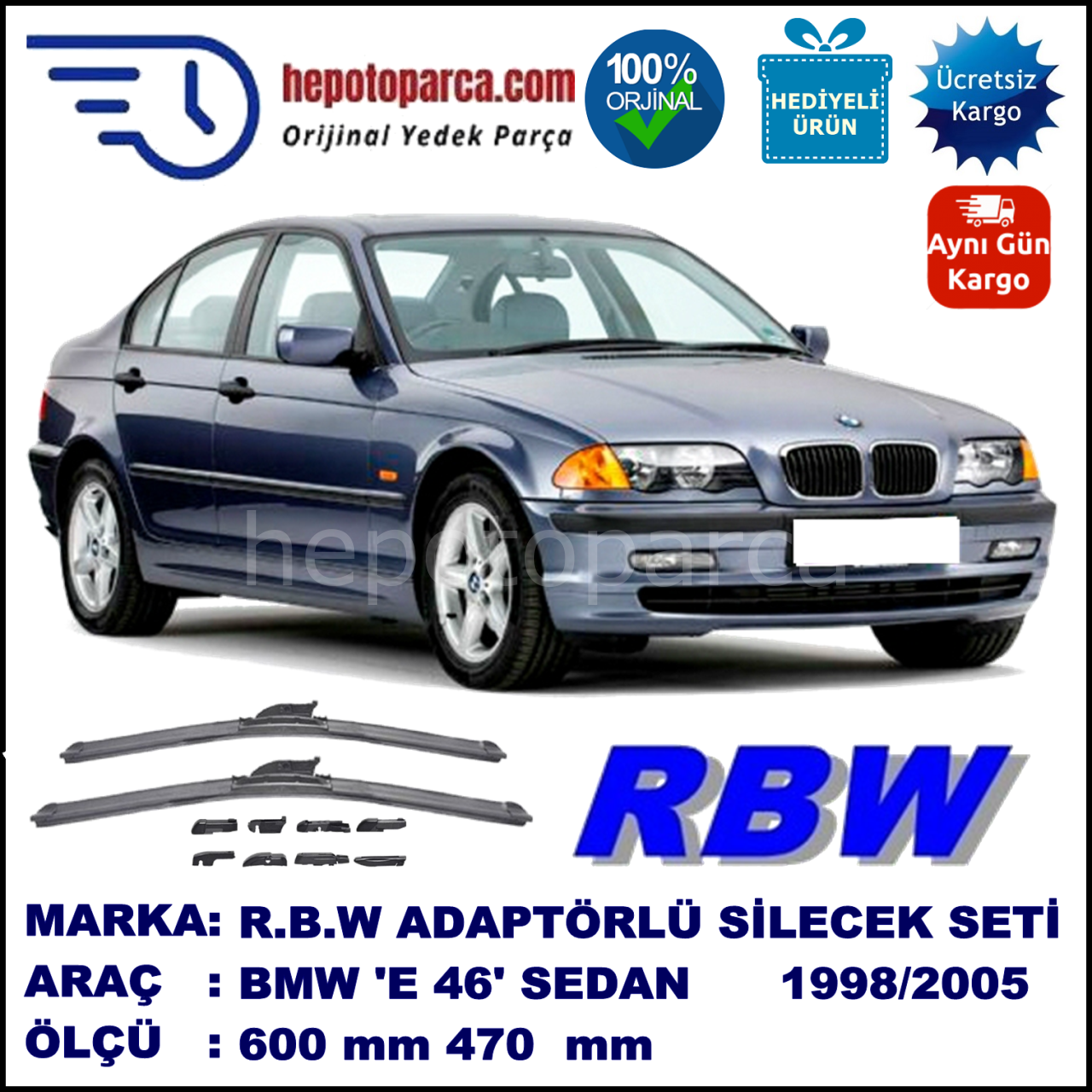BMW Serie 3 [E 46] 04.1998-03.2005, 600 / 470 mm.  RBW  ADAPTÖRLÜ MUZ SİLECEK SETİ