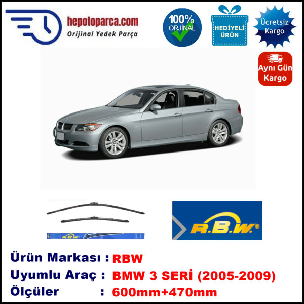 BMW Serie 3 [E 90] 03.2005-08.2009, 600 / 470 mm.  RBW  ADAPTÖRLÜ MUZ SİLECEK SETİ