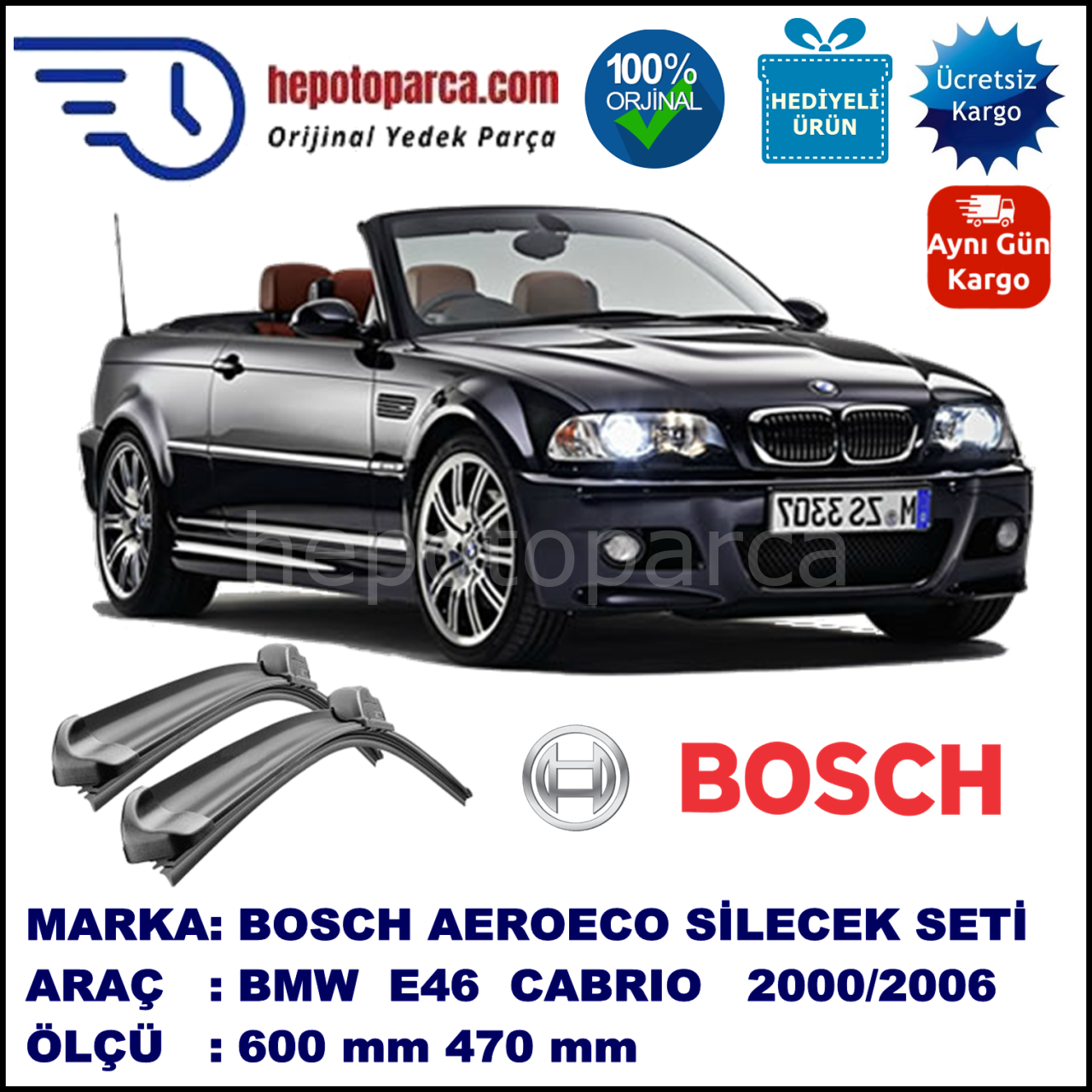 BMW Serie 3 Cabrio [E 46] 03.2000-08.2006, 600 / 470 mm. BOSCH AEROECO Aparatlı Muz Silecek