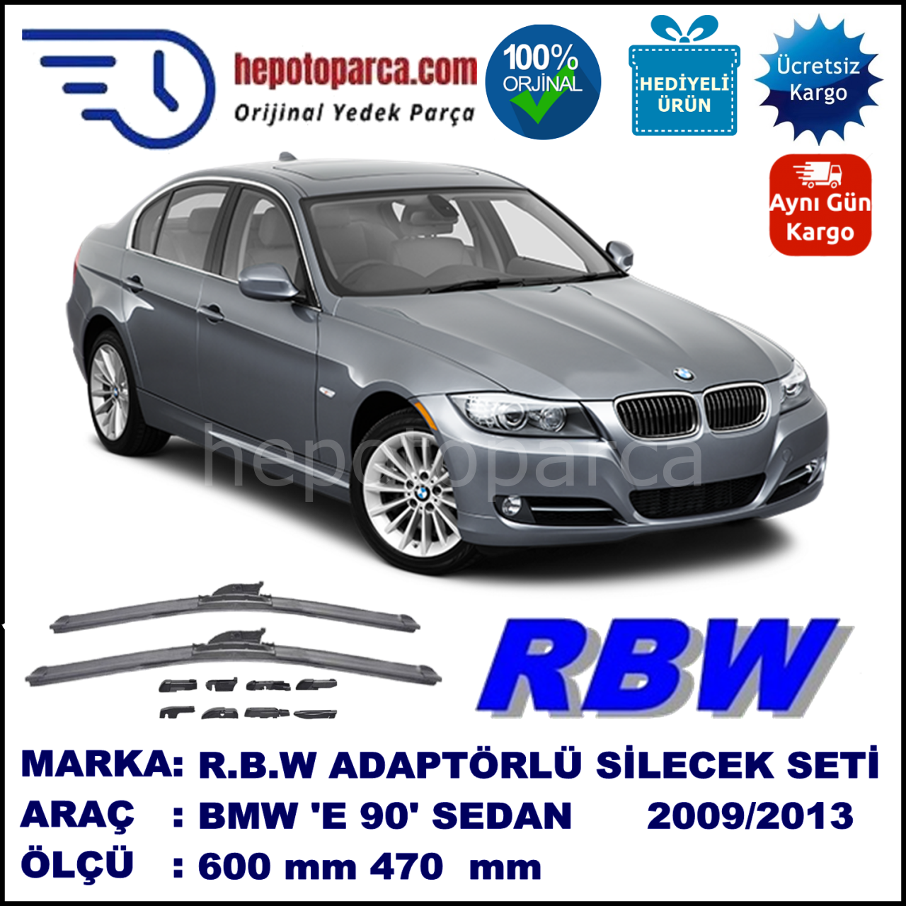 BMW Serie 3 [E 90] 09.2009-..., 600 / 470 mm.  RBW  ADAPTÖRLÜ MUZ SİLECEK SETİ