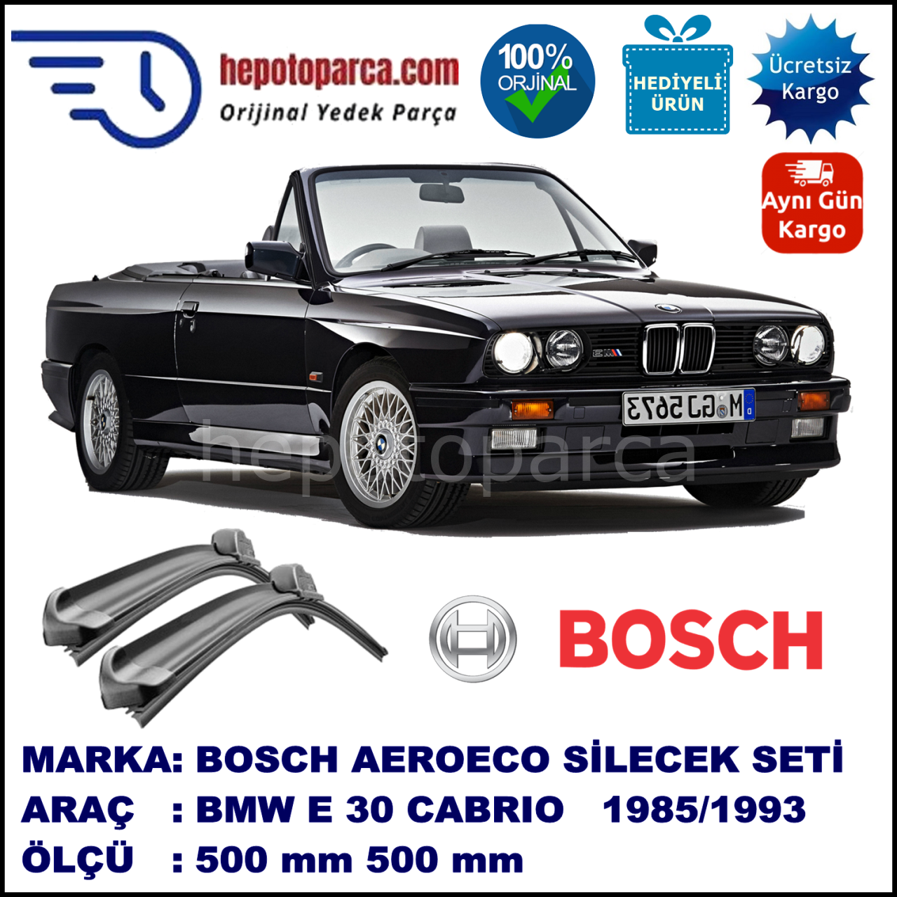 BMW Serie 3 Cabrio [E 30] 09.1985-12.1993, 500 / 500 mm. BOSCH AEROECO Aparatlı Muz Silecek