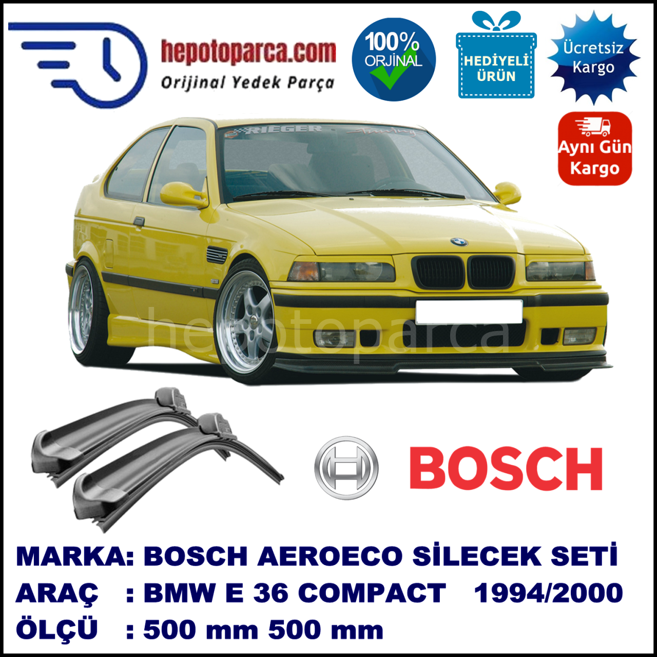 BMW Serie 3 Compact [E 36] 03.1994-09.2000, 500 / 500 mm. BOSCH AEROECO Aparatlı Muz Silecek