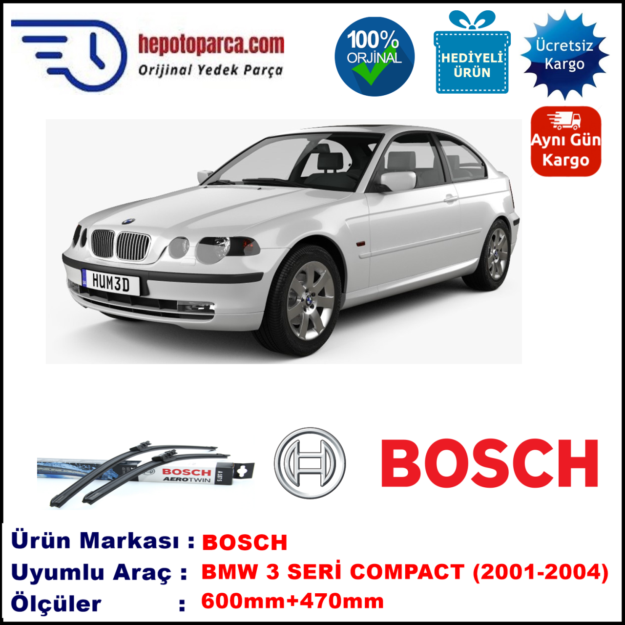BMW Serie 3 Compact [E 46] 06.2001-12.2004, 600 / 470 mm. BOSCH AEROECO Aparatlı Muz Silecek