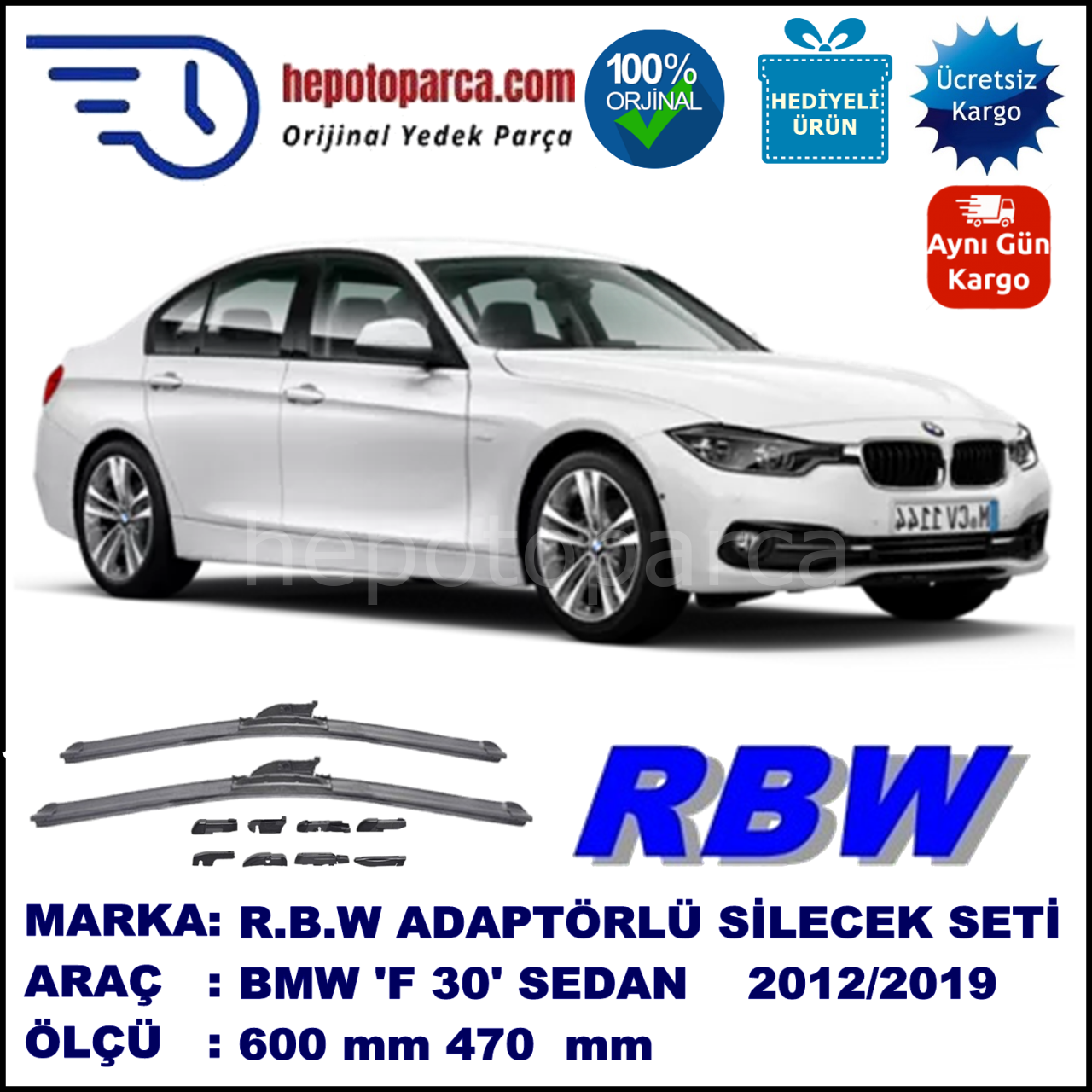 BMW Serie 3 [F 30] 02.2012-..., 600 / 470 mm.  RBW  ADAPTÖRLÜ MUZ SİLECEK SETİ