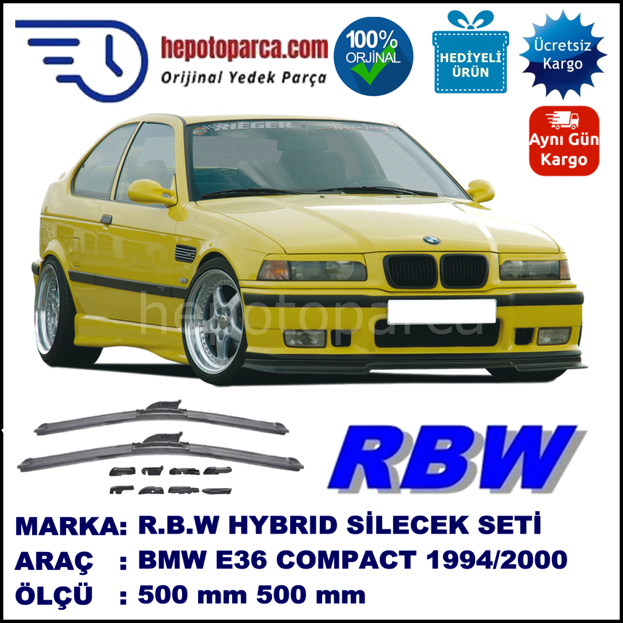 BMW Serie 3 Compact [E 36] 03.1994-09.2000, 500 / 500 mm.  RBW  ADAPTÖRLÜ MUZ SİLECEK SETİ