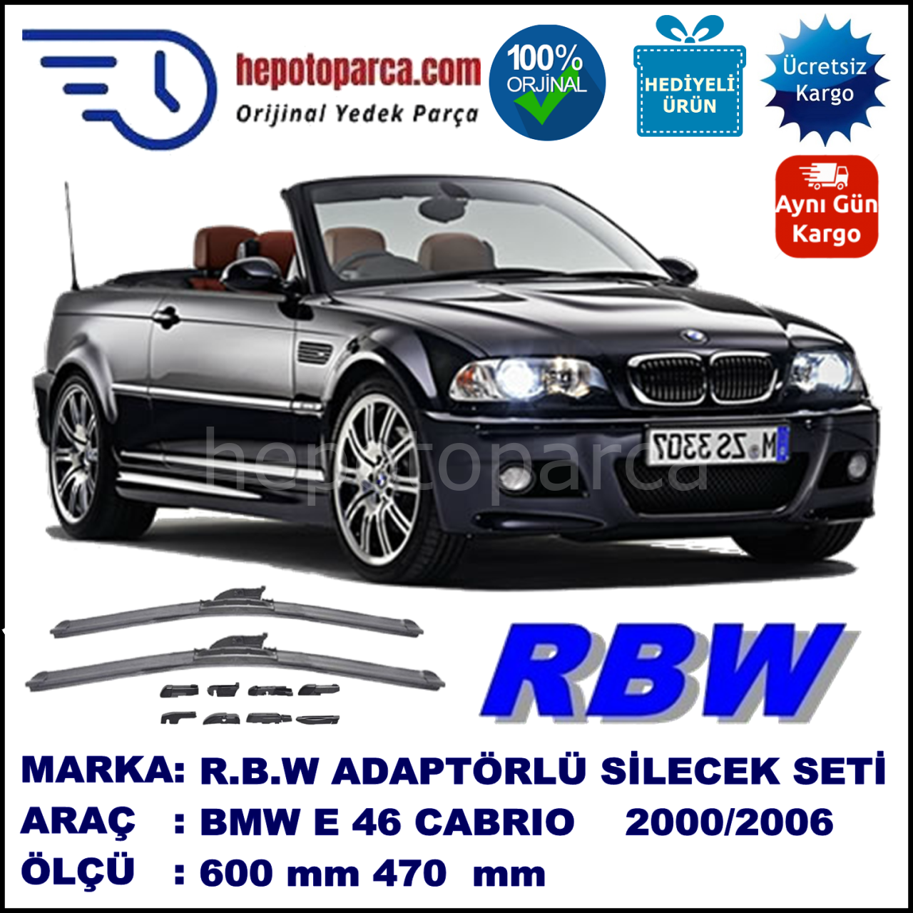 BMW Serie 3 Cabrio [E 46] 03.2000-08.2006, 600 / 470 mm.  RBW  ADAPTÖRLÜ MUZ SİLECEK SETİ