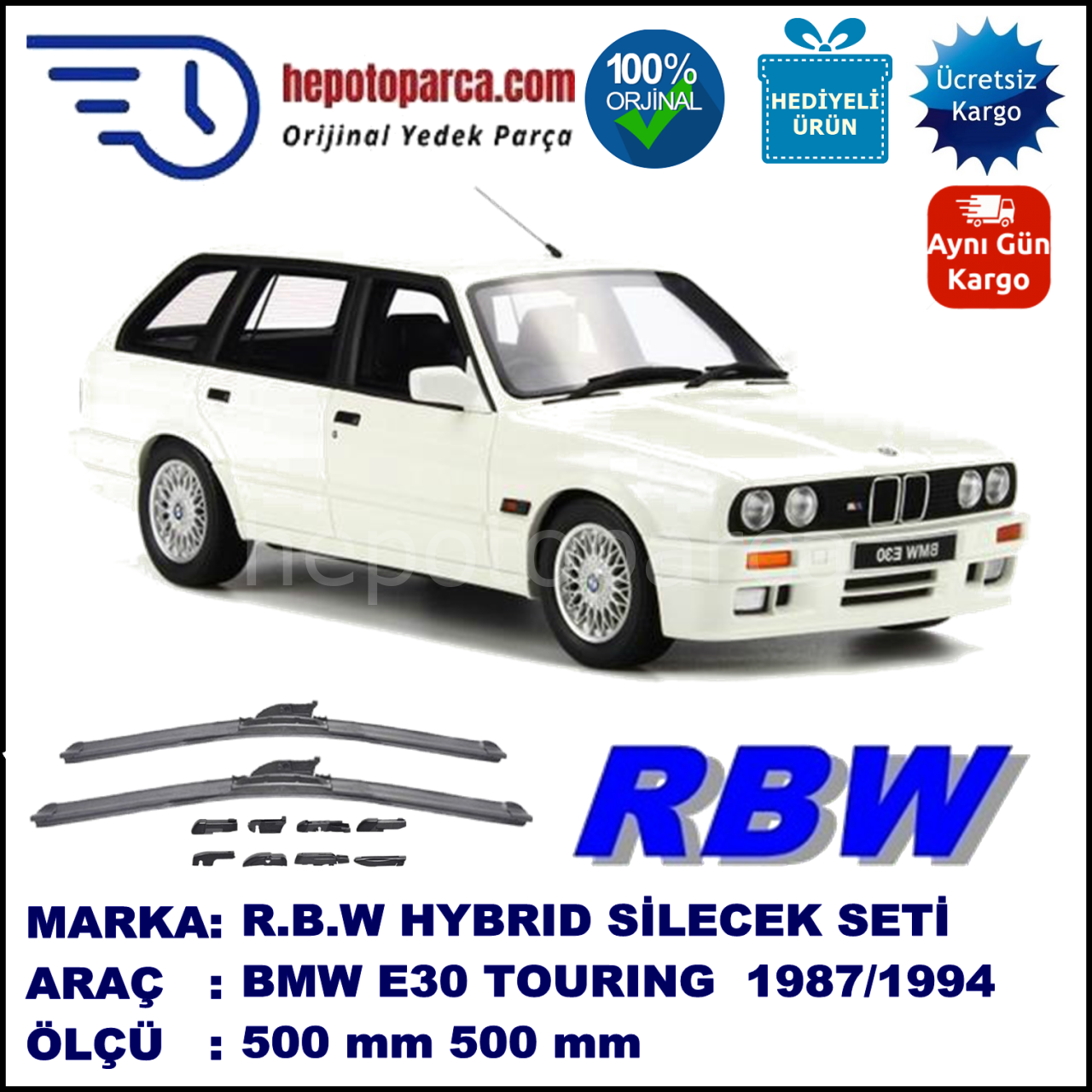 BMW Serie 3 Touring [E 30] 07.1987-06.1994, 500 / 500 mm.  RBW  ADAPTÖRLÜ MUZ SİLECEK SETİ