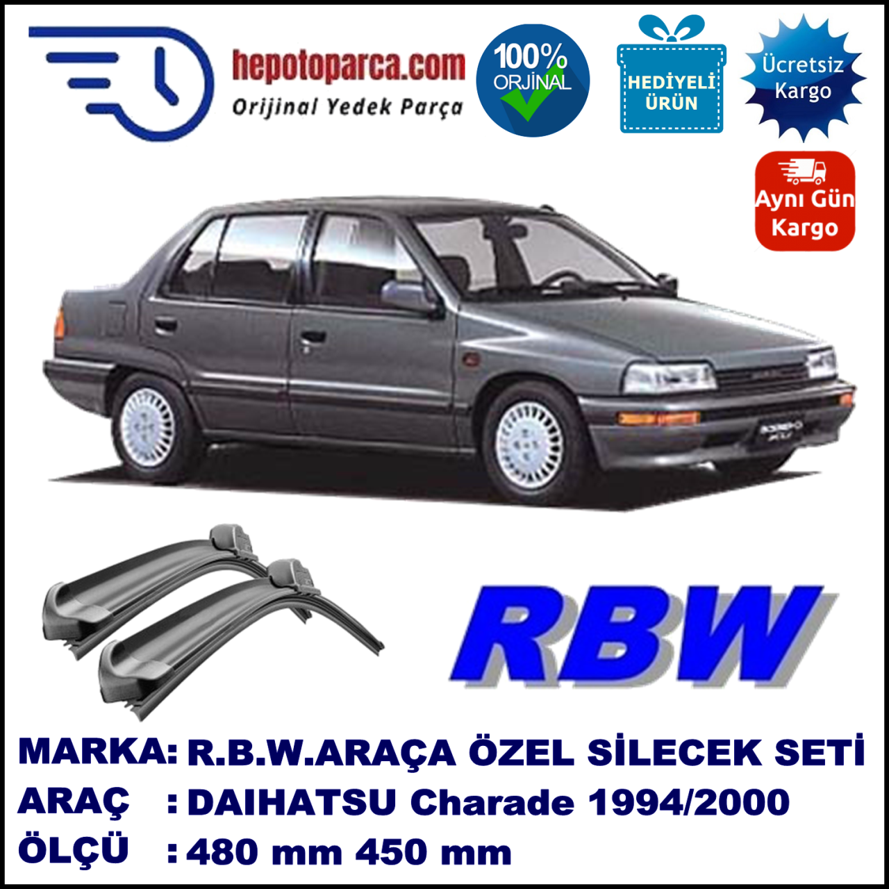 DAIHATSU Charade [G2] 06.94-09.00 480 / 450 mm. RBW Muz Silecek Seti  2'li Takım. U Kanca Uyumludur.