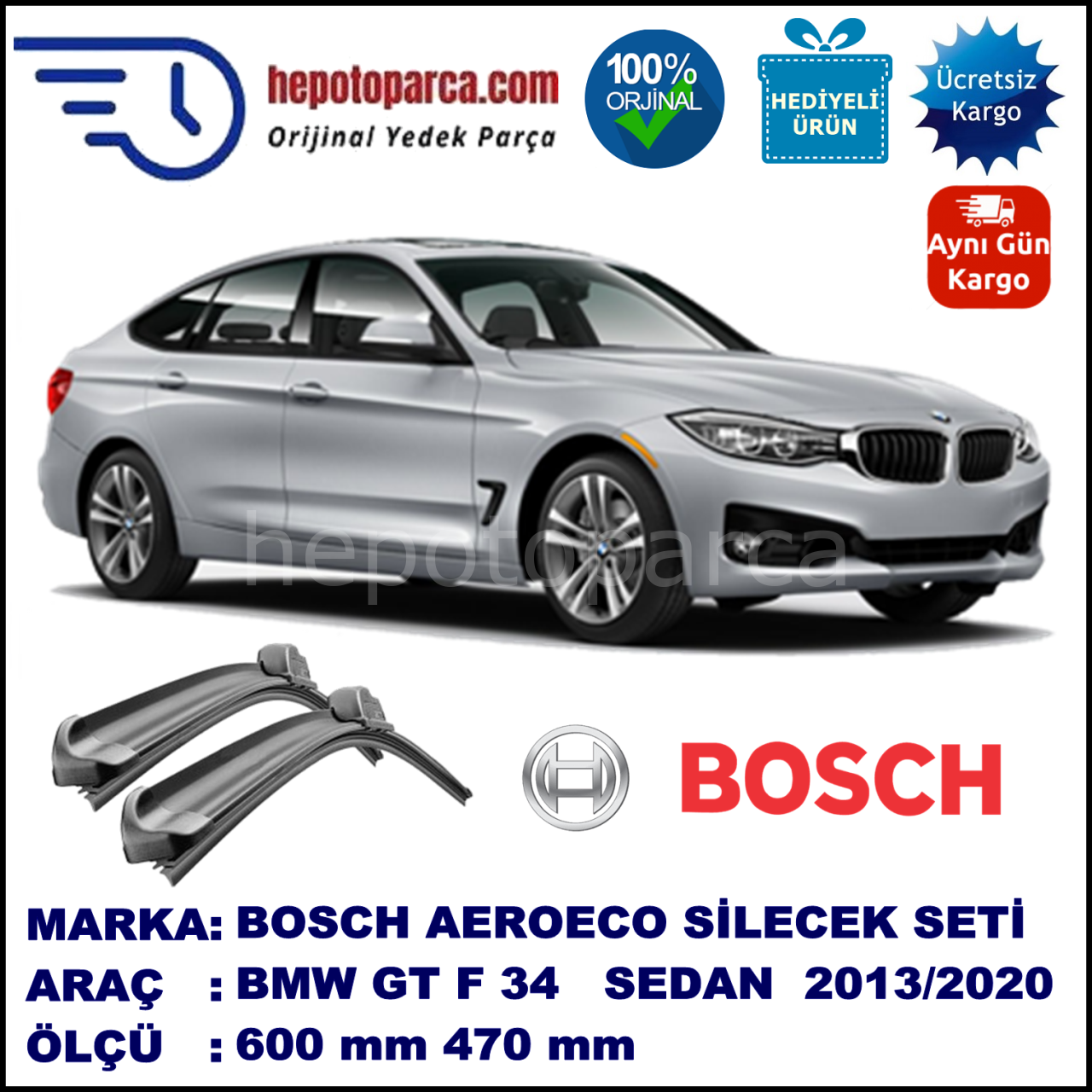 BMW Serie 3 GT [F 34] 06.2013-..., 600 / 470 mm. BOSCH AEROECO Aparatlı Muz Silecek