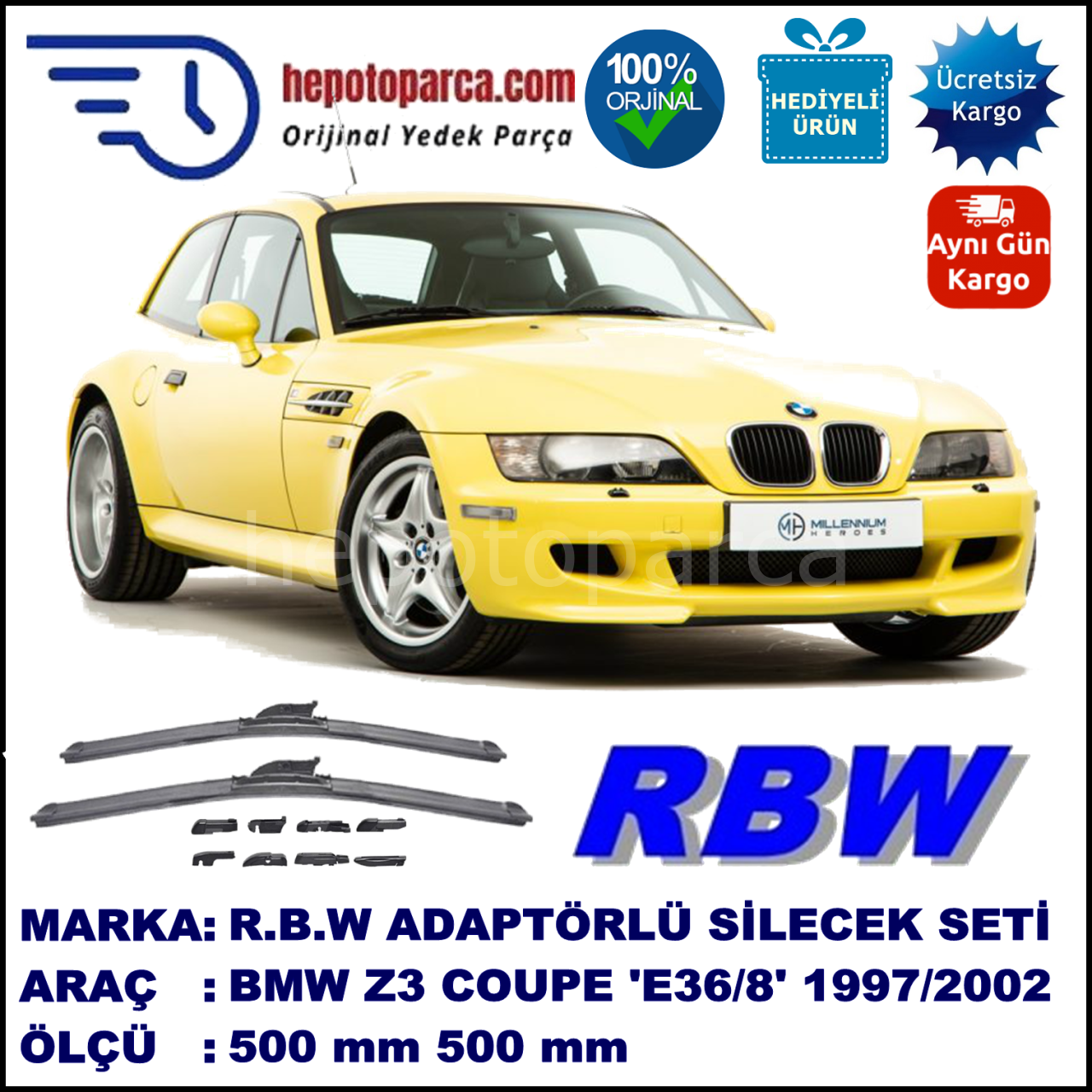BMW Z3 Coupé [E 36/8] 09.1997-06.2002, 500 / 500 mm.  RBW  ADAPTÖRLÜ MUZ SİLECEK SETİ