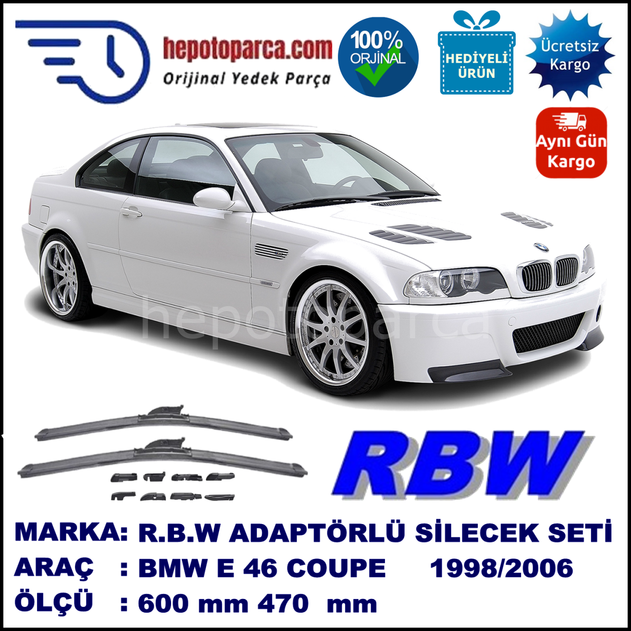 BMW Serie 3 Coupé [E 46] 04.1998-05.2006, 600 / 470 mm.  RBW  ADAPTÖRLÜ MUZ SİLECEK SETİ