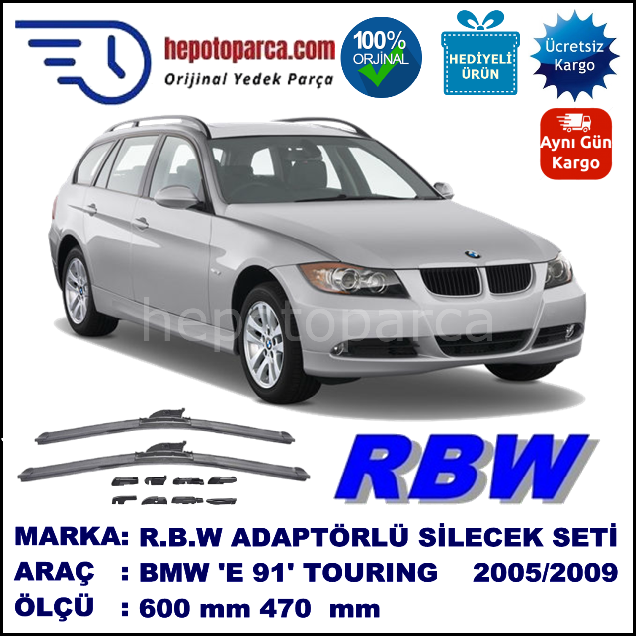 BMW Serie 3 Touring [E 91] 09.2005-08.2009, 600 / 470 mm.  RBW  ADAPTÖRLÜ MUZ SİLECEK SETİ