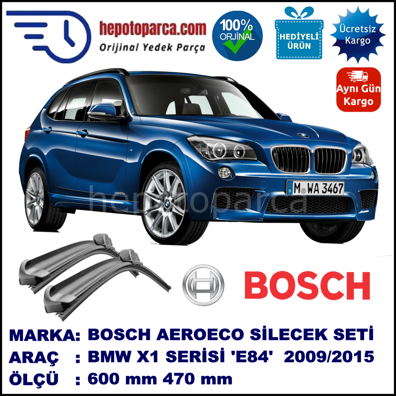 BMW X1 [E 84] 10.2009-..., 600 / 470 mm. BOSCH AEROECO Aparatlı Muz Silecek