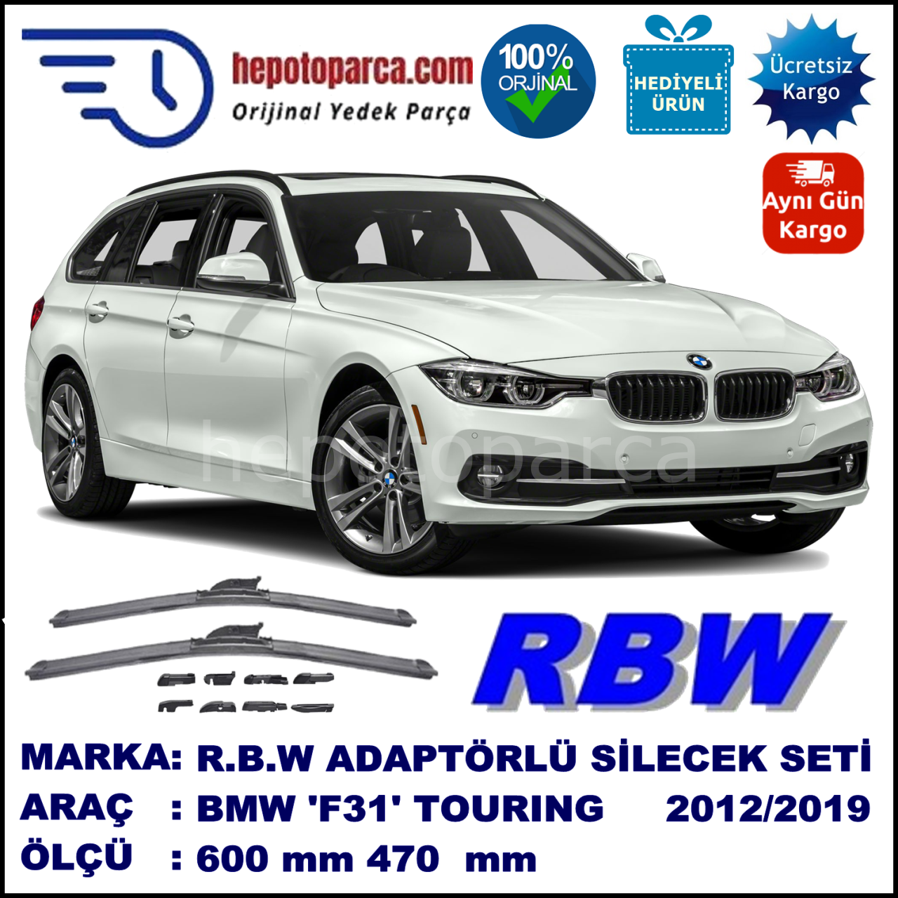 BMW Serie 3 Touring [F 31] 09.2012-..., 600 / 470 mm.  RBW  ADAPTÖRLÜ MUZ SİLECEK SETİ