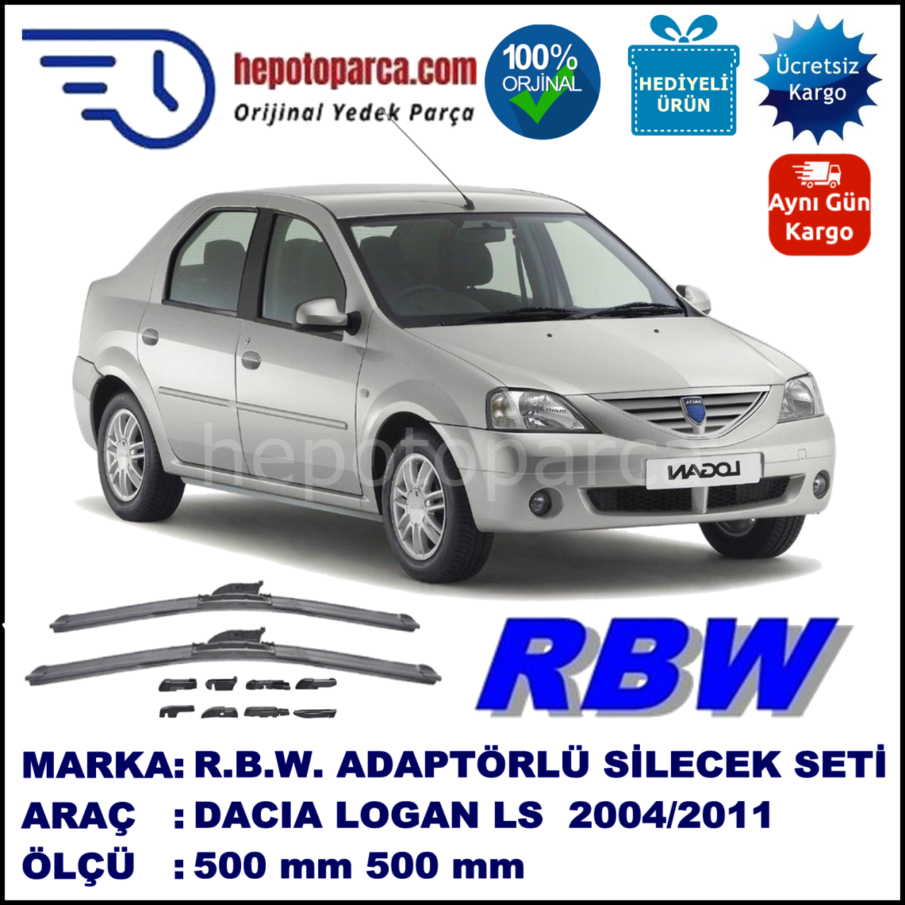 DACIA Logan [LS] 07.2004-..., 500 / 500 mm.  RBW  ADAPTÖRLÜ MUZ SİLECEK SETİ