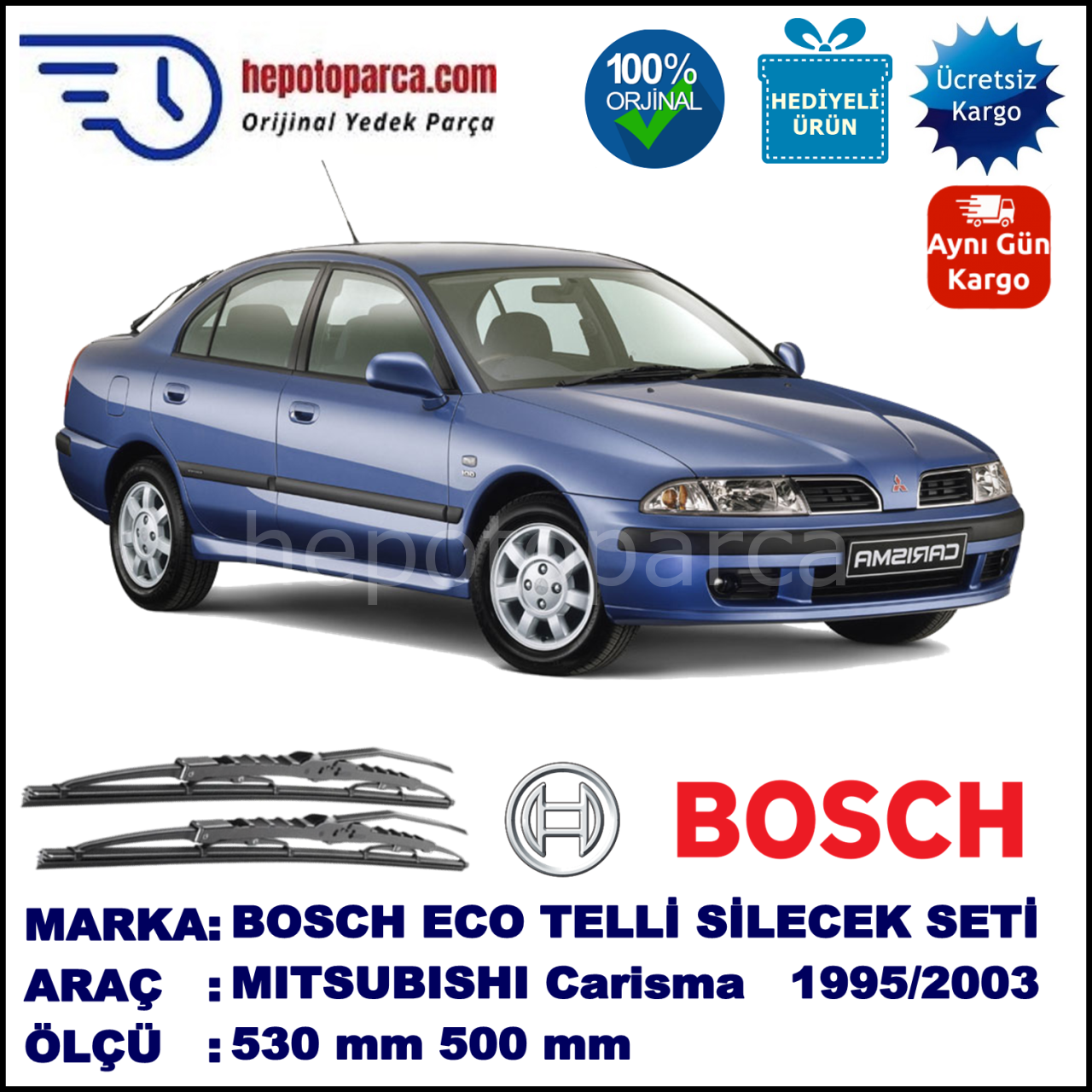 MITSUBISHI Carisma Hatchback [DA] 05.95-12.03 530 / 500 mm. BOSCH ECO Telli Silecek 2'li Takım