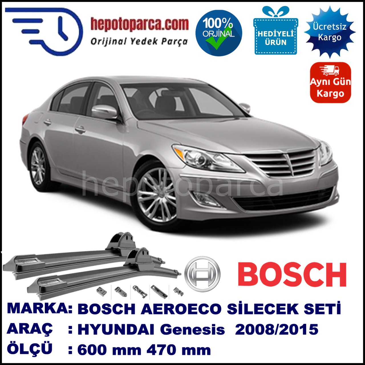 HYUNDAI Genesis Sedan  05.2008-..., 600 / 470 mm. BOSCH AEROECO Aparatlı Muz Silecek