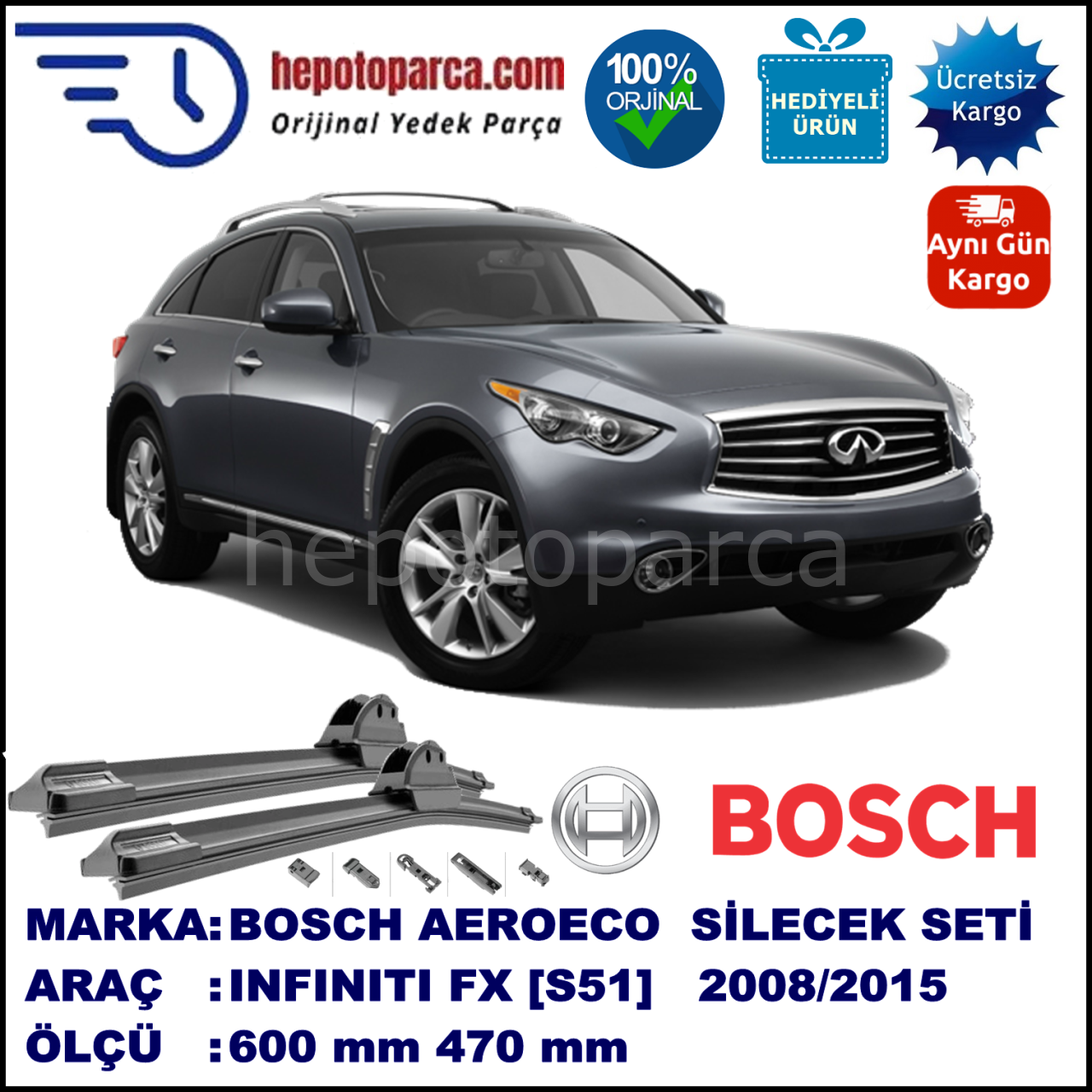 INFINITI FX [S51] 07.2008-..., 600 / 470 mm. BOSCH AEROECO Aparatlı Muz Silecek