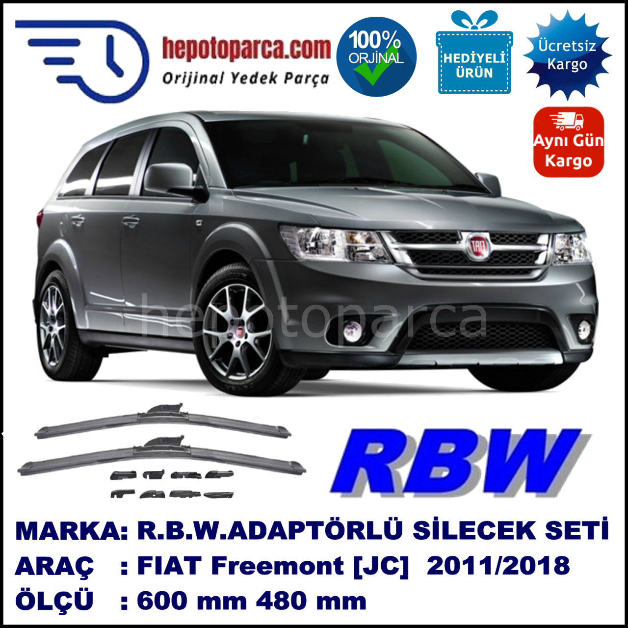 FIAT Freemont [JC] 06.2011-..., 600 / 470 mm.  RBW  ADAPTÖRLÜ MUZ SİLECEK SETİ