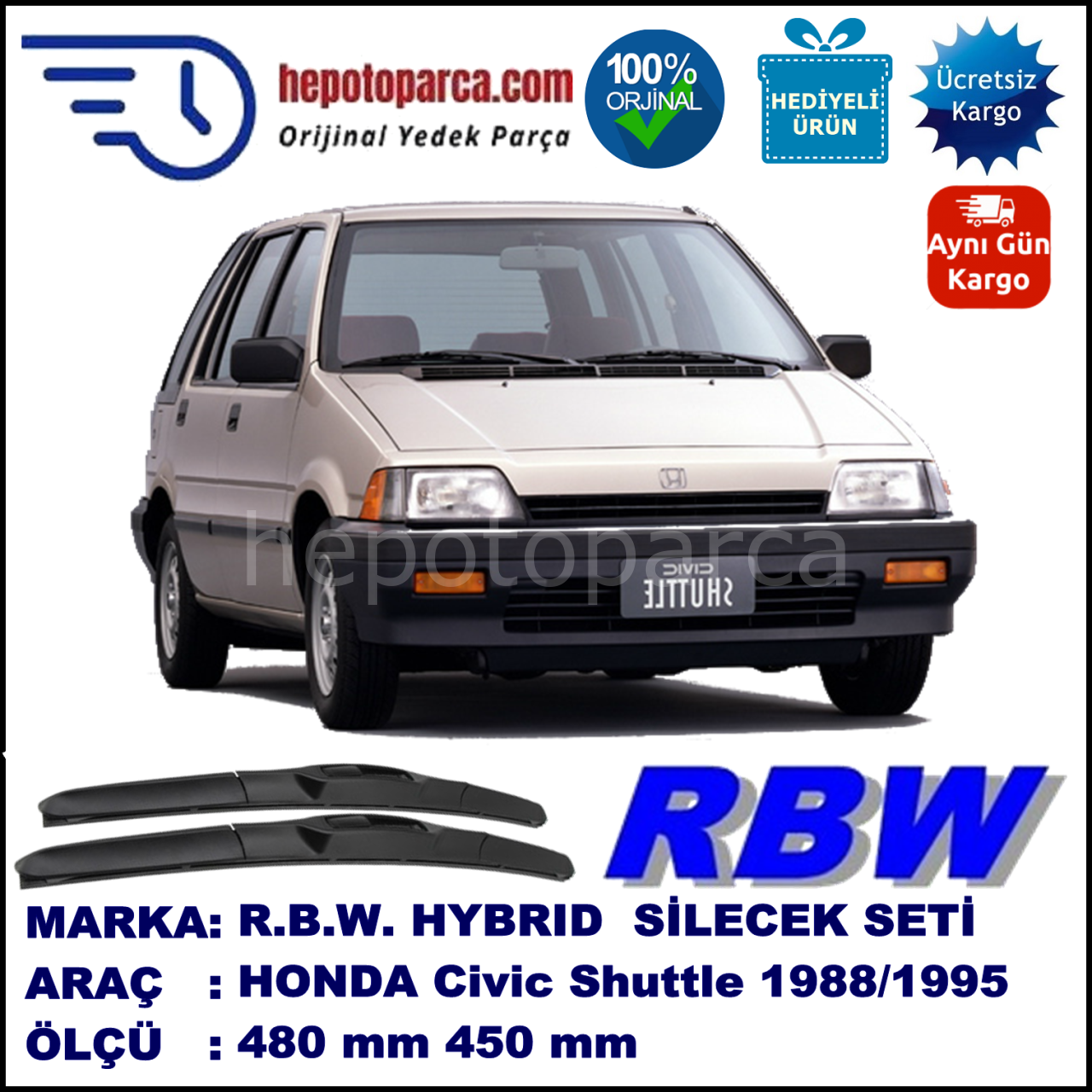 HONDA Civic Shuttle [EC/ED/EE] 01.88-06.95 480 / 450 mm. RBW Hybrid Silecek Seti. U Kanca Uyumlu Hibrit