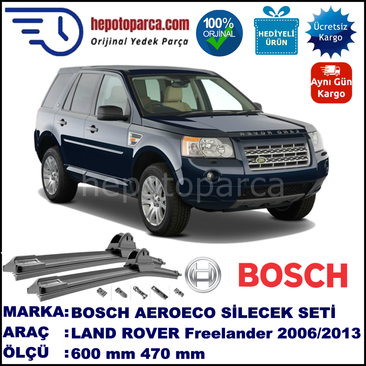 LAND ROVER  Freelander II [LF] 10.2006-..., 600 / 470 mm. BOSCH AEROECO Aparatlı Muz Silecek