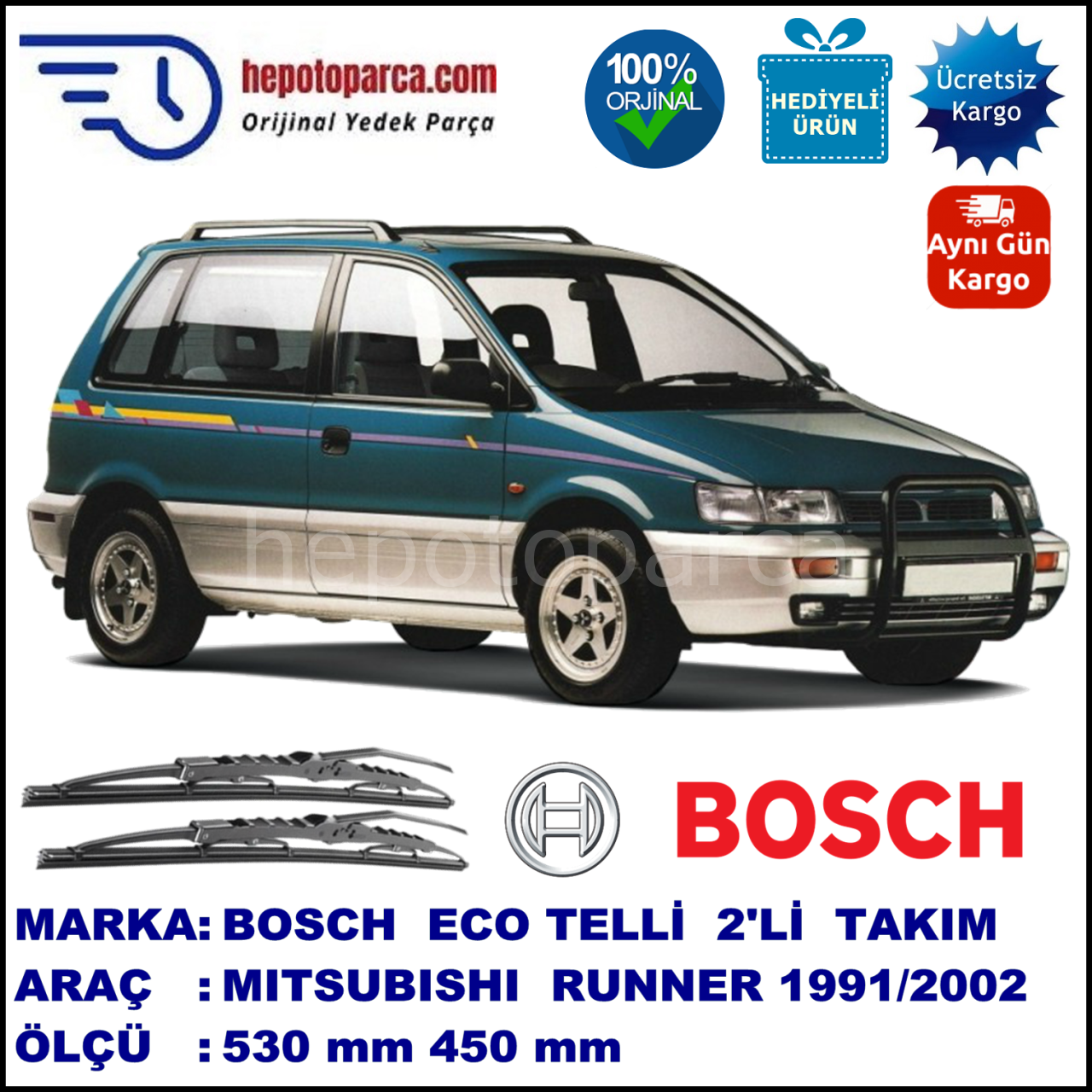 MITSUBISHI Space Runner  06.91-08.02 530 / 450 mm. BOSCH ECO Telli Silecek 2'li Takım