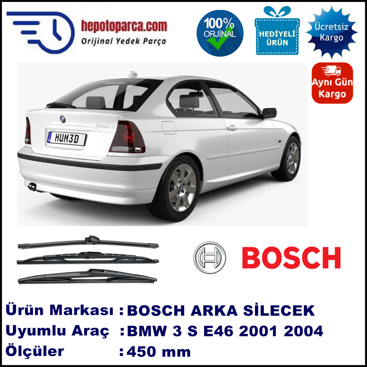 BMW Serie 3 Compact [E 46] 450 mm 06.2001-12.2004 BOSCH Arka Silecek