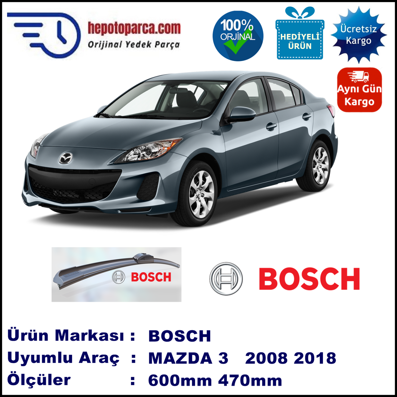 MAZDA 3 [BL] 12.2008-..., 600 / 470 mm. BOSCH AEROECO Aparatlı Muz Silecek