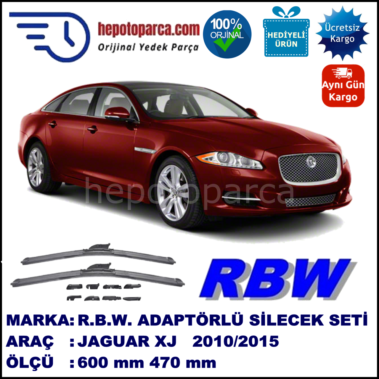 JAGUAR XJ  08.2010-..., 600 / 470 mm.  RBW  ADAPTÖRLÜ MUZ SİLECEK SETİ