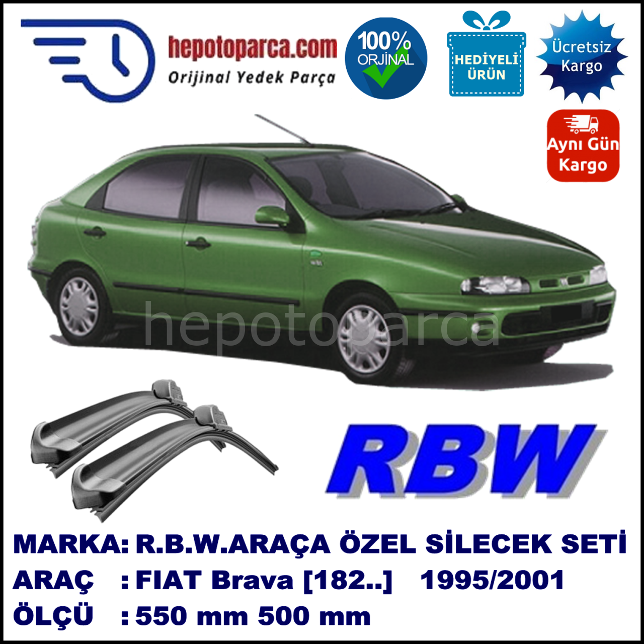 FIAT Brava [182..] 10.95-09.01 550 / 500 mm. RBW Muz Silecek Seti  2'li Takım. U Kanca Uyumludur.
