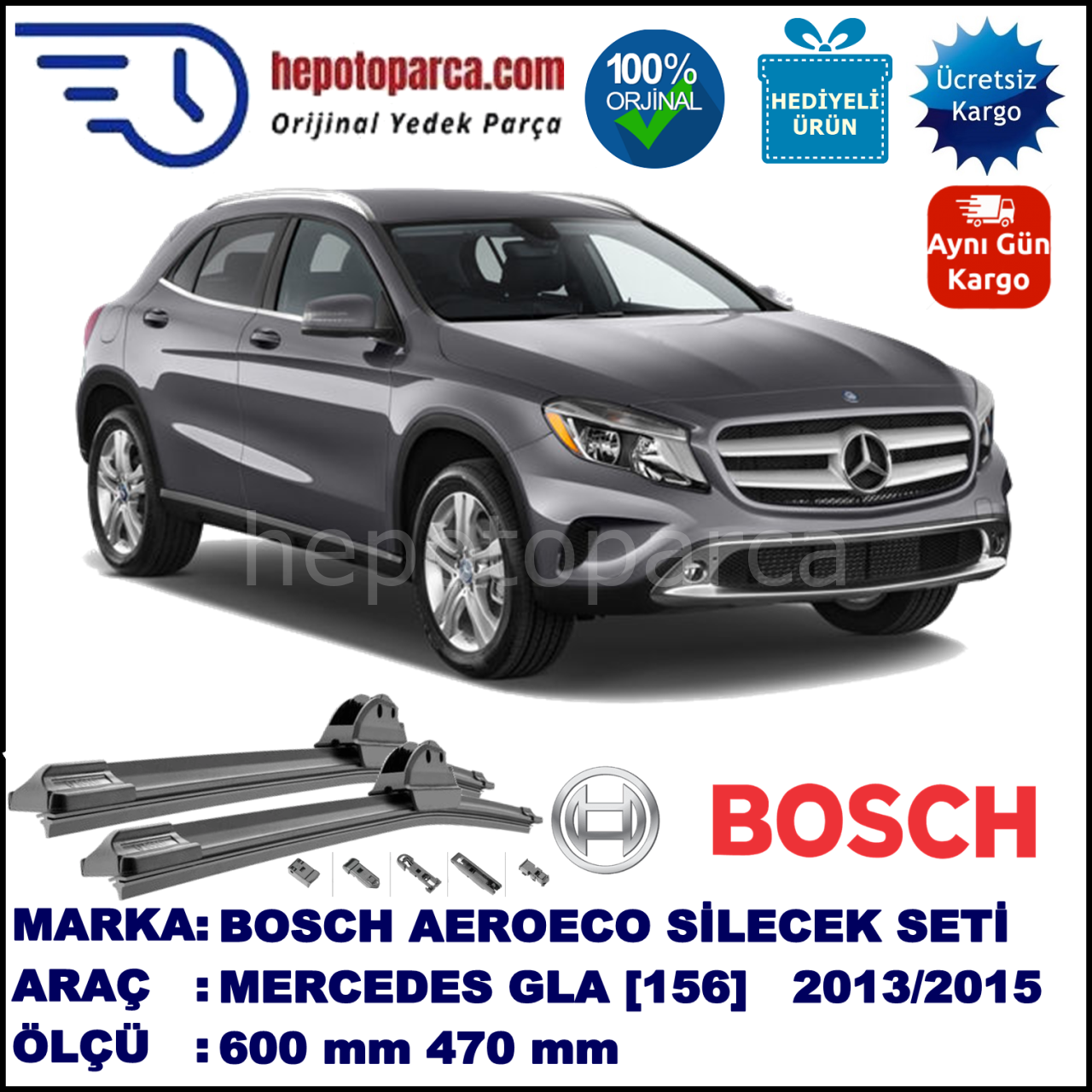 MERCEDES-BENZ Serie GLA [156] 10.2013-..., 600 / 470 mm. BOSCH AEROECO Aparatlı Muz Silecek