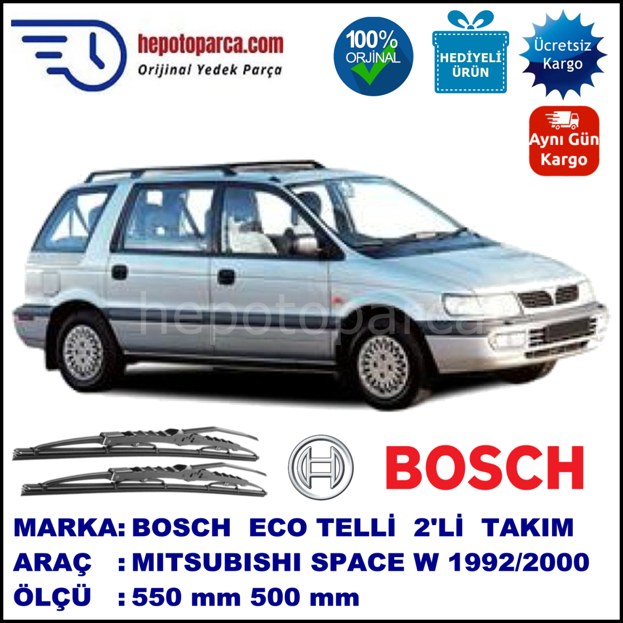 MITSUBISHI Space Wagon [N] 06.92-11.00 550 / 500 mm. BOSCH ECO Telli Silecek 2'li Takım