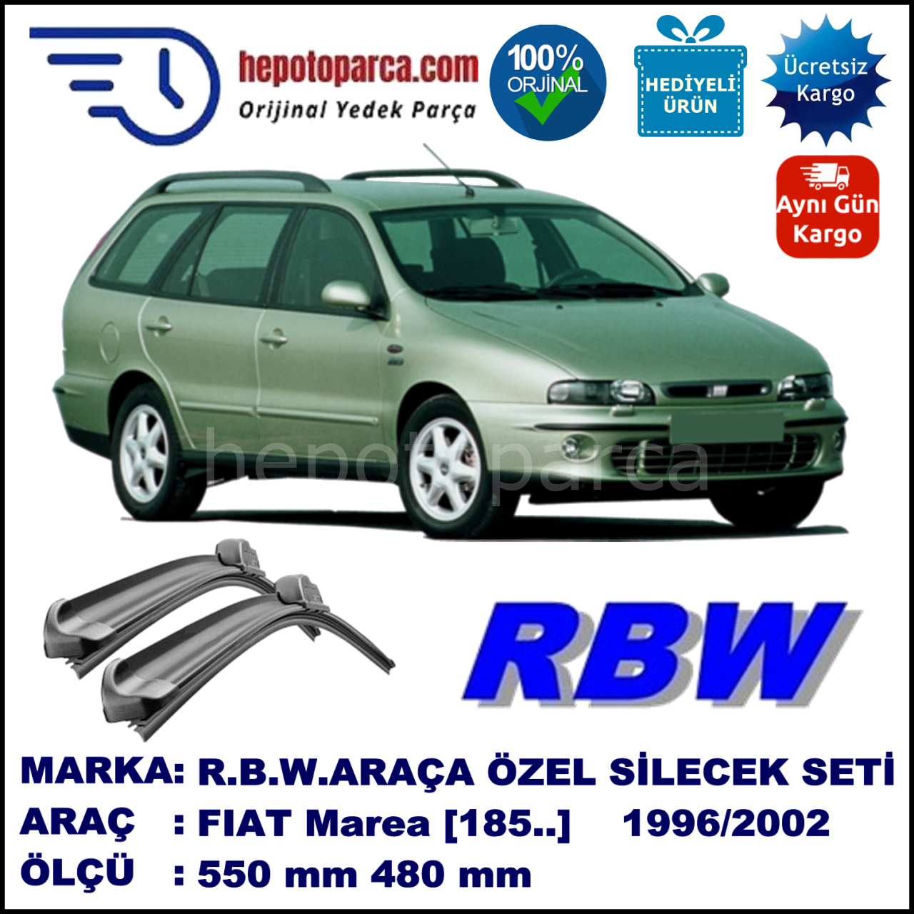 FIAT Marea [185..] 10.96-09.02 550 / 480 mm. RBW Muz Silecek Seti  2'li Takım. U Kanca Uyumludur.