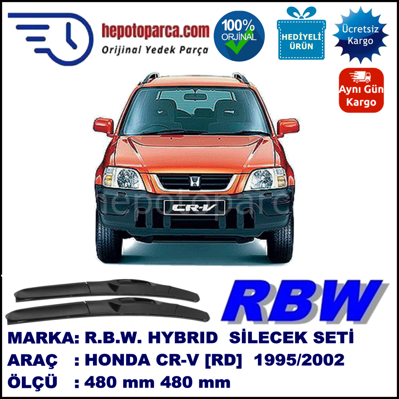 HONDA CR-V [RD] 10.95-07.02 480 / 480 mm. RBW Hybrid Silecek Seti. U Kanca Uyumlu Hibrit