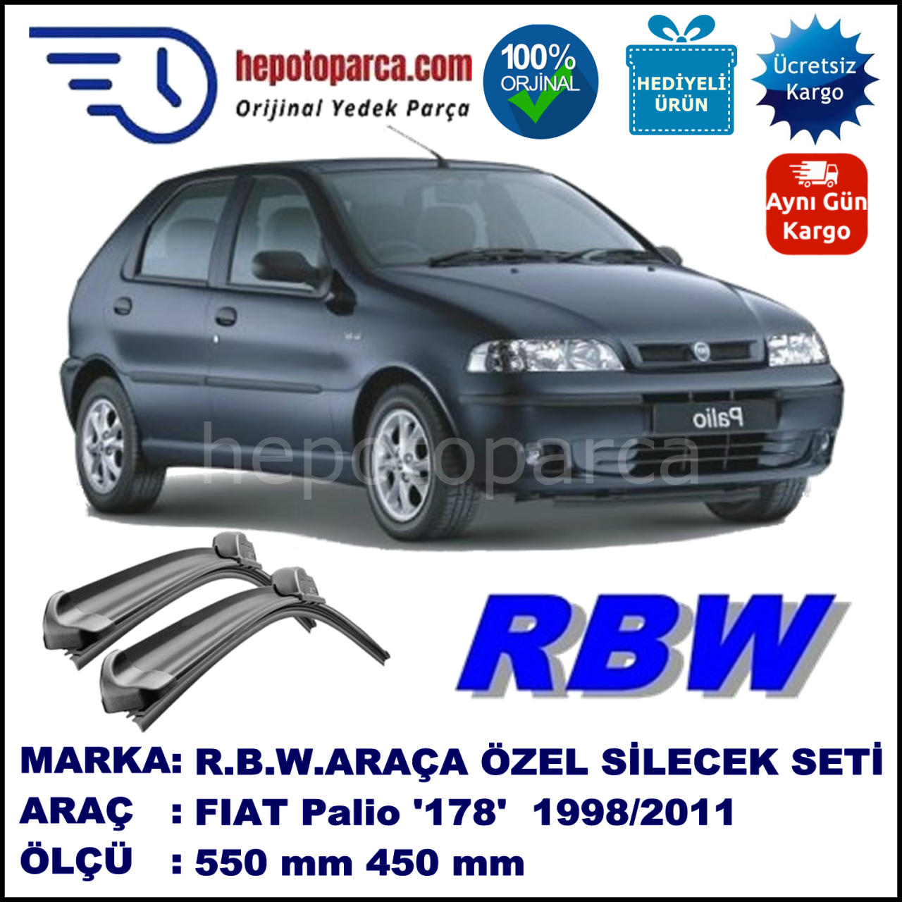 FIAT Palio [178..] 03.98-... 550 / 450 mm. RBW Muz Silecek Seti  2'li Takım. U Kanca Uyumludur.