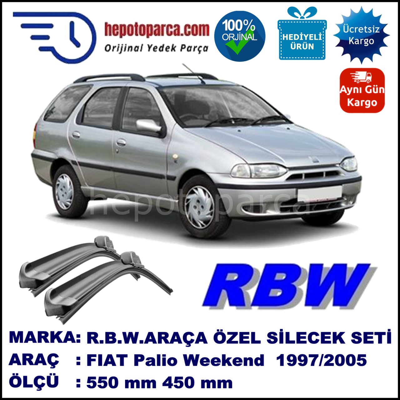 FIAT Palio Weekend [178..] 09.97-... 550 / 450 mm. RBW Muz Silecek Seti  2'li Takım. U Kanca Uyumludur.
