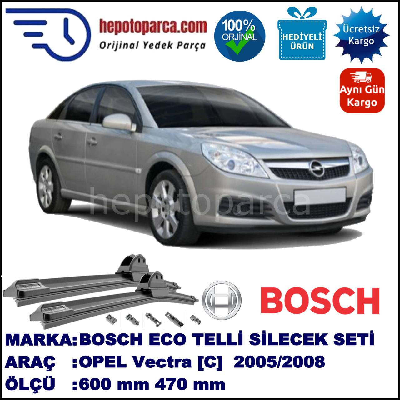 OPEL Vectra [C] 10.2005-10.2008, 600 / 470 mm. BOSCH AEROECO Aparatlı Muz Silecek