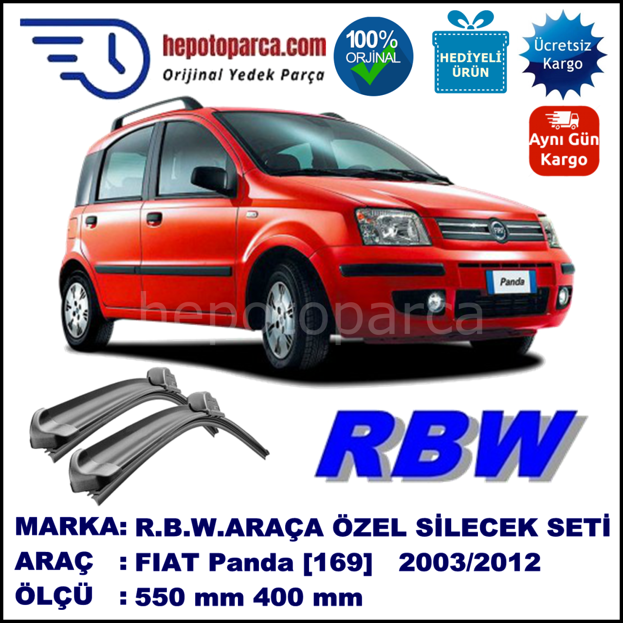 FIAT Panda [169..] 10.03-12.12 550 / 400 mm. RBW Muz Silecek Seti  2'li Takım. U Kanca Uyumludur.