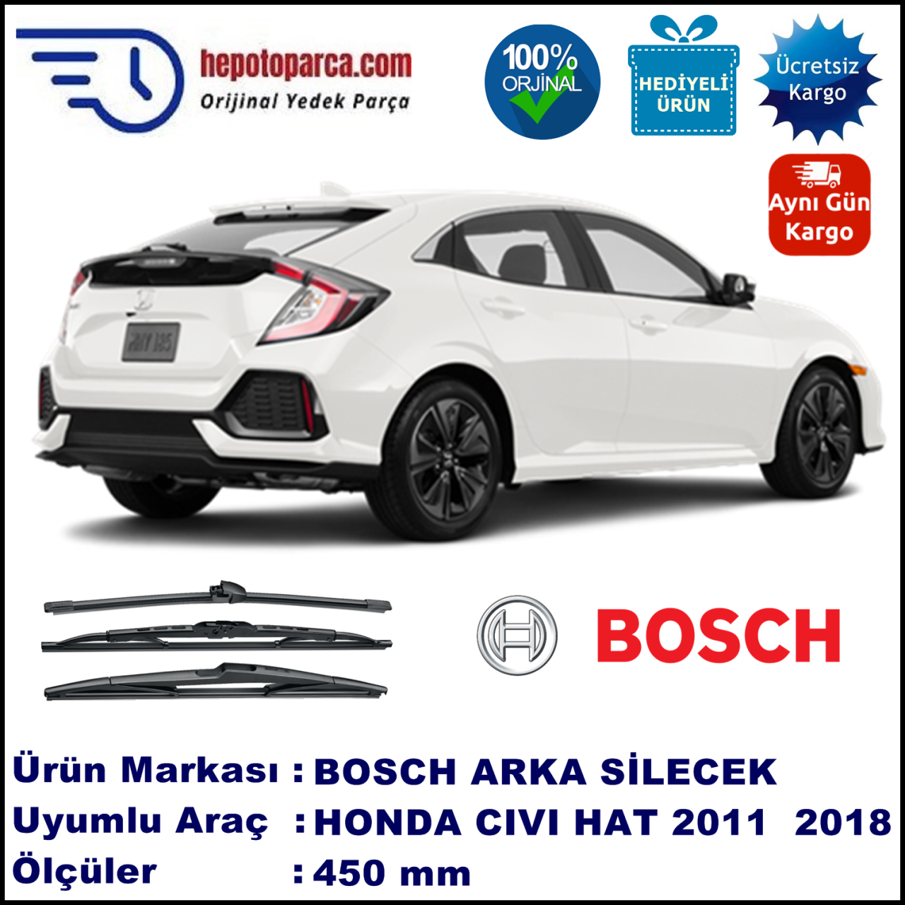 HONDA Civic Hatchback  450 mm 09.2011-... BOSCH Arka Silecek
