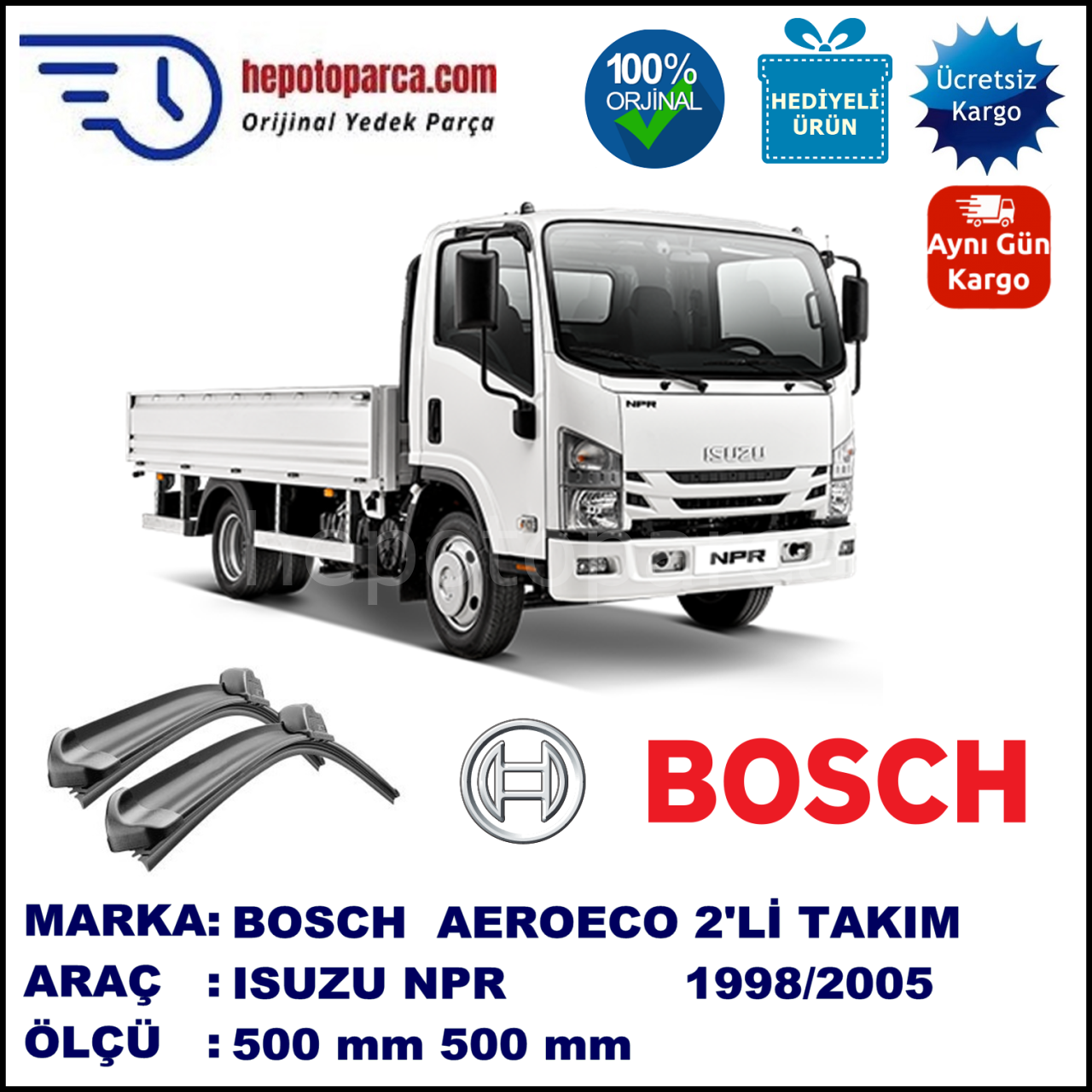 ISUZU Serie N  08.1998-..., 500 / 500 mm. BOSCH AEROECO Aparatlı Muz Silecek