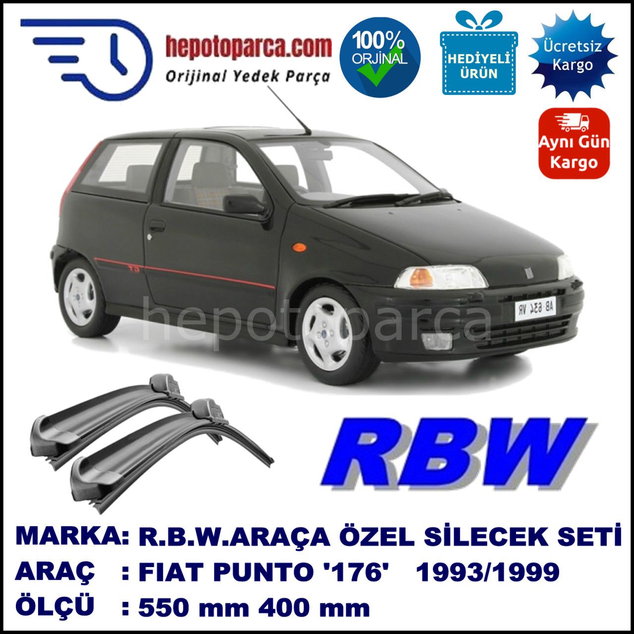 FIAT Punto [176..] 08.93-08.99 550 / 400 mm. RBW Muz Silecek Seti  2'li Takım. U Kanca Uyumludur.
