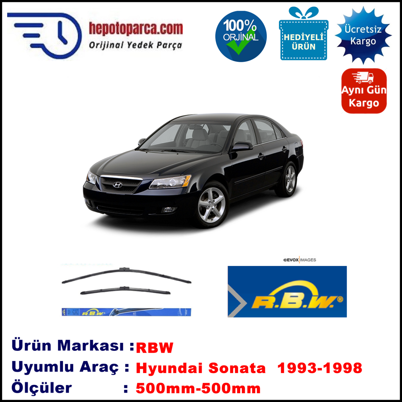 HYUNDAI Sonata 2 II [Y3] 07.1993-06.1998, 500 / 500 mm.  RBW  ADAPTÖRLÜ MUZ SİLECEK SETİ