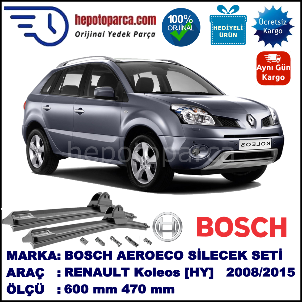 RENAULT Koleos [HY.] 09.2008-..., 600 / 470 mm. BOSCH AEROECO Aparatlı Muz Silecek