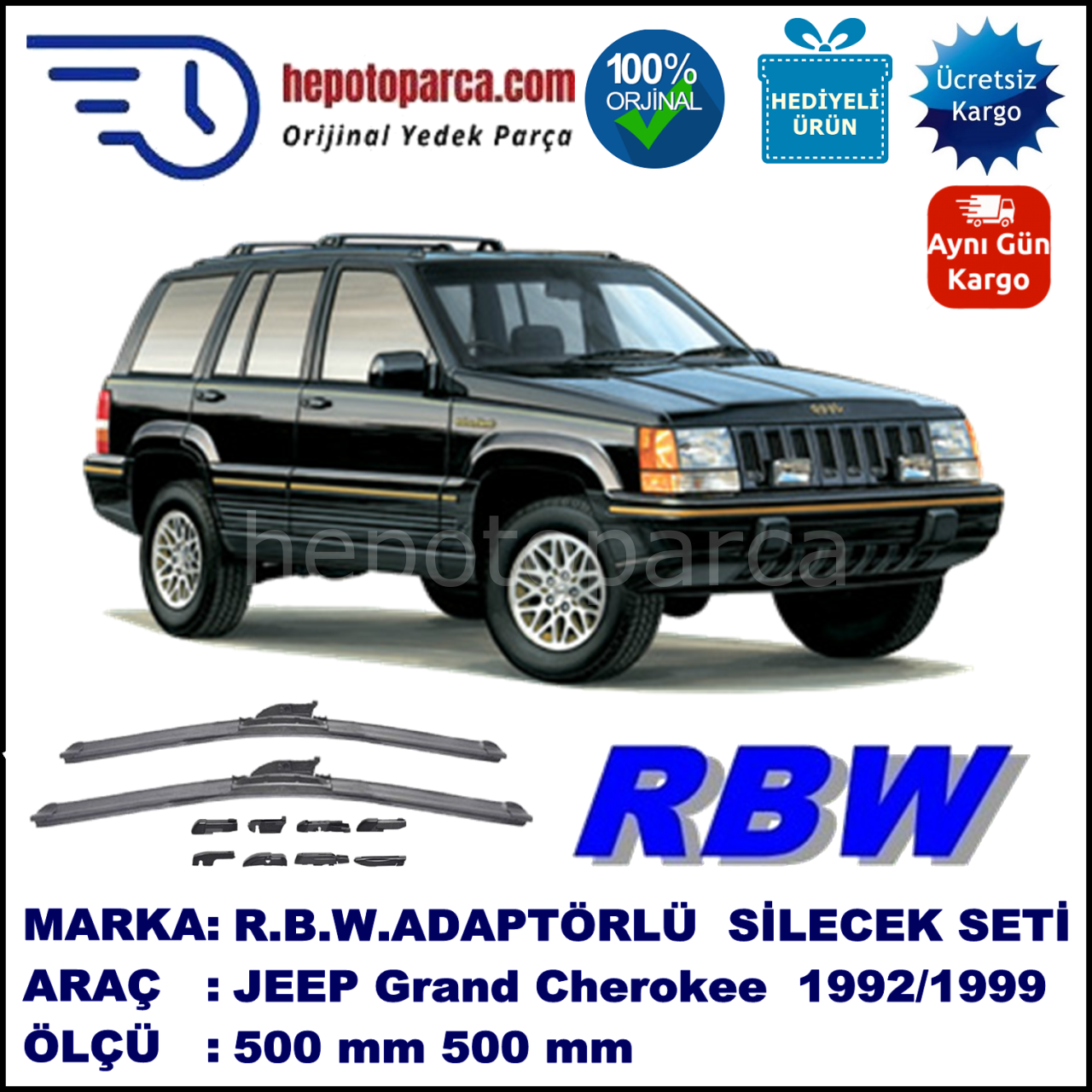 JEEP Grand Cherokee [ZG] 09.1992-04.1999, 500 / 500 mm.  RBW  ADAPTÖRLÜ MUZ SİLECEK SETİ