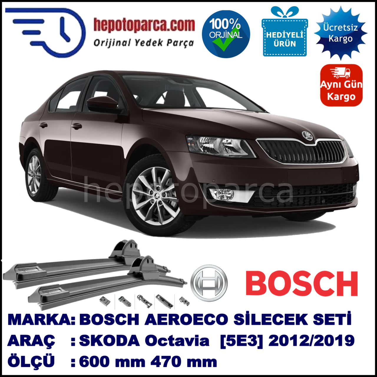 SKODA Octavia [5E3] 11.2012-..., 600 / 470 mm. BOSCH AEROECO Aparatlı Muz Silecek